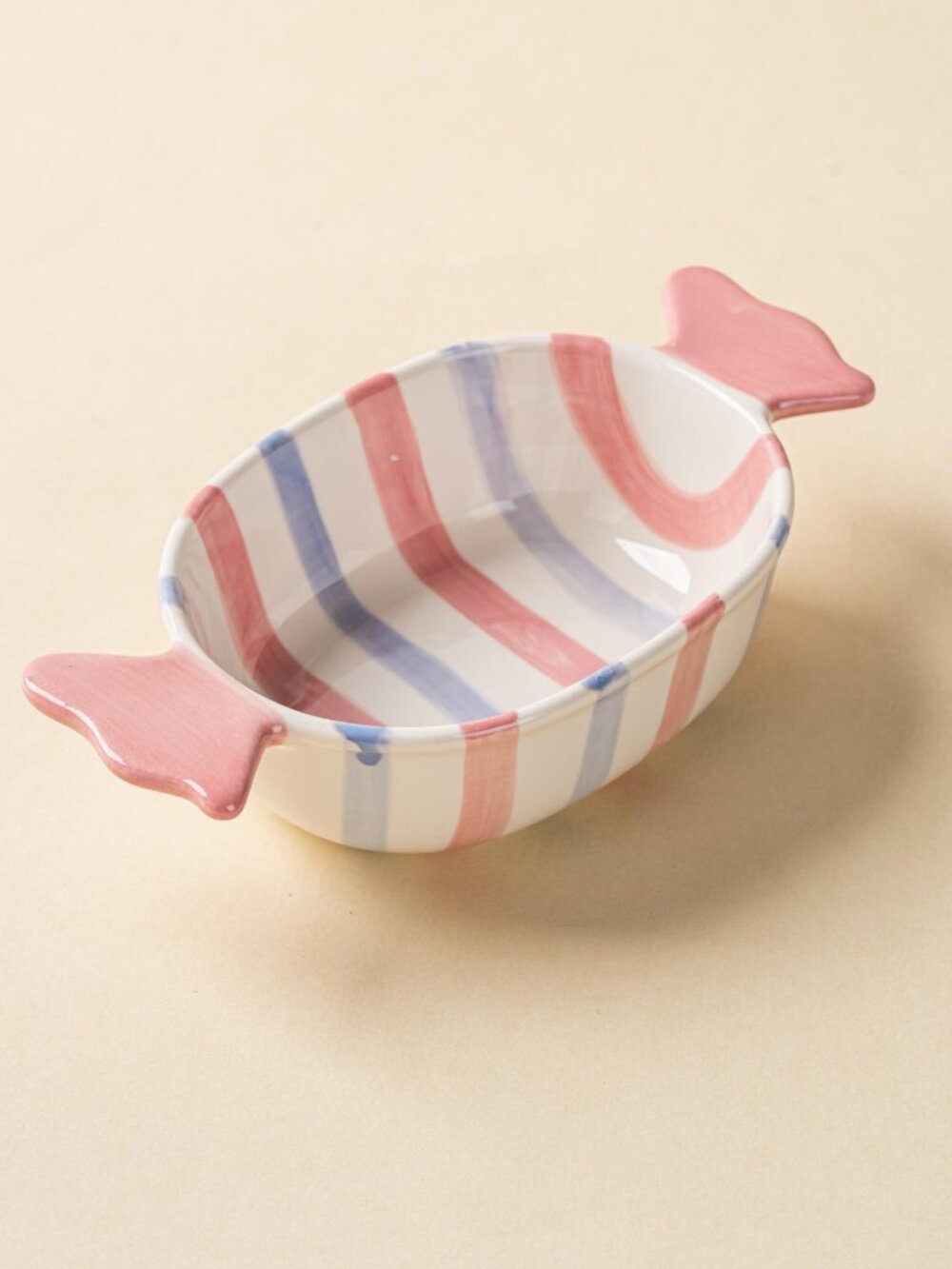 Hand-Painted Candy-Shaped Ceramic Snack Bowl with Pink & Blue Stripes